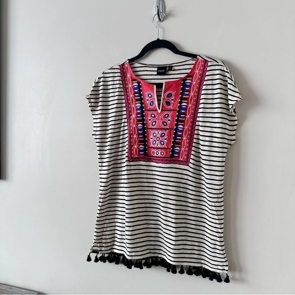 Rafaella-linen Blend Tassel Embroidered Summer Top - Picture 5 of 8